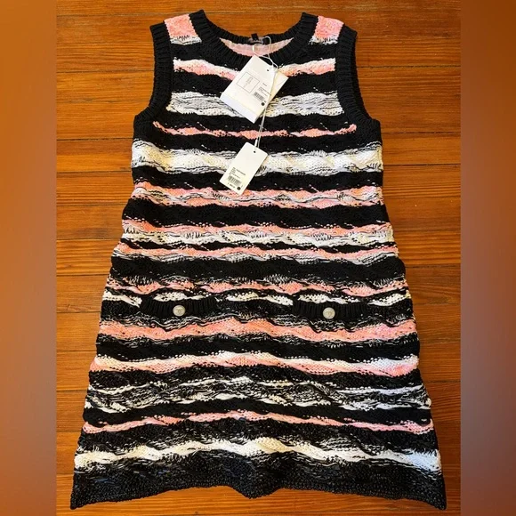 Auth. NWT CHANEL Spring Summer 20S Pink White and Black Multi Colored Dress SZ46 - Picture 2 of 8